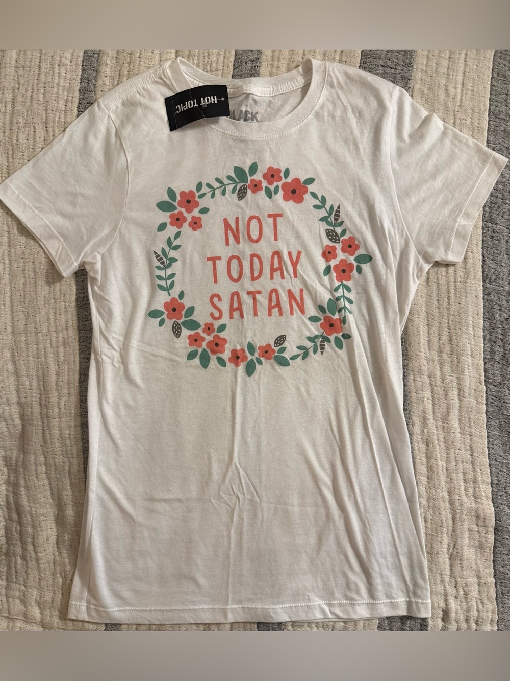 Hot Topic White Tee with Floral "Not Today Satan"